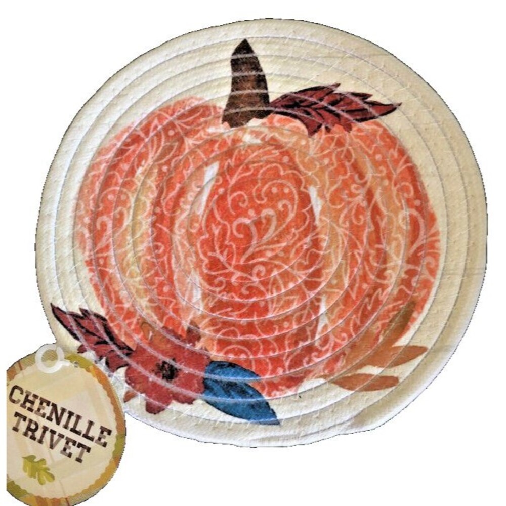 Thanksgiving Trivet Heat Resistant Hot Pad Orange Pumpkins Braided 9" Chenille